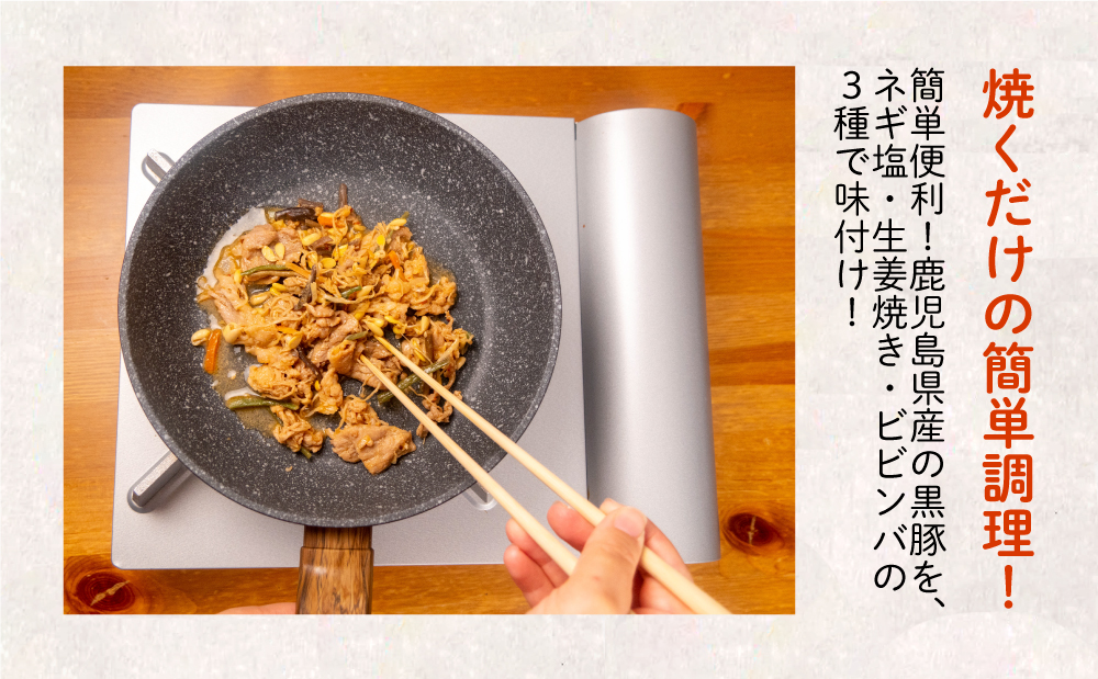 □【鹿児島県産】焼くだけ簡単！3種の味が楽しめる味付け黒豚セット1kg（ネギ塩、生姜焼き、ビビンバ）