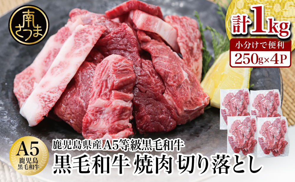 □【鹿児島県産】A5等級黒毛和牛 焼肉 切り落とし計1kg（250g×4P）