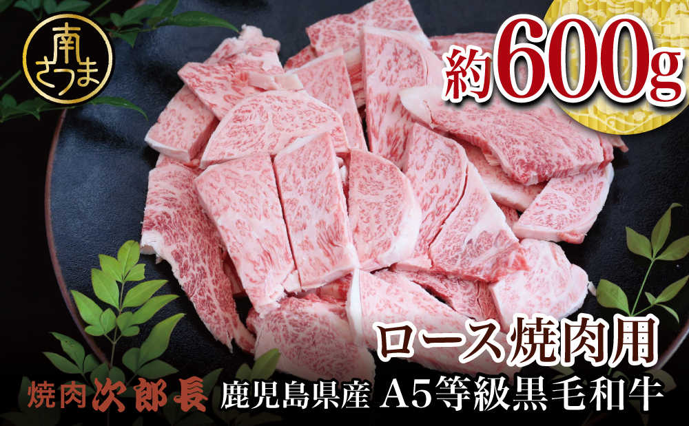 □【鹿児島県産】黒毛和牛専門店 焼肉次郎長 A5等級 焼肉用 ロース 約600g