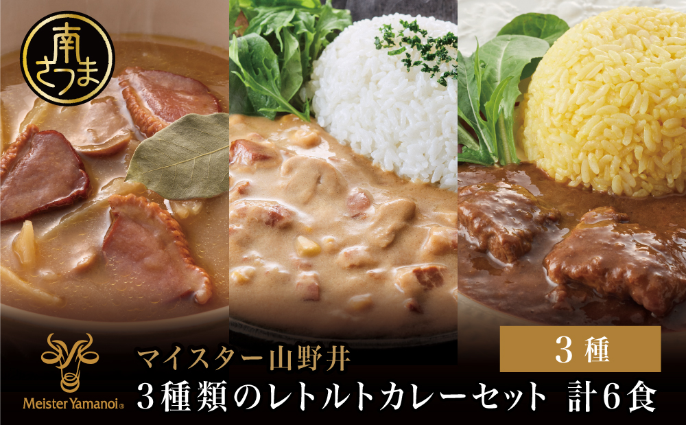 □【マイスター山野井】3種類のレトルトカレーセット 計6食（グリーン・クリーム・カシラ肉／各2食）